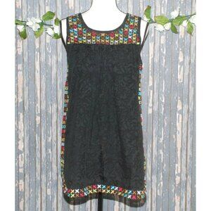 Lugga Black Sleeveless Embroidered Top Size M Colorful X Pattern Cut Out Lace